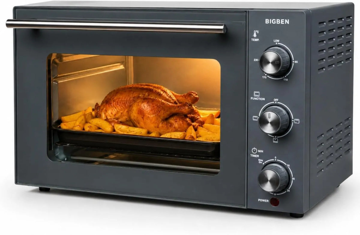 Bigben OV1G forno elétrico de pizza, 28 cm, 20 L, 1500 W, 65 a 230 °C, temporizador, grelha, preto, 3 modos de cozedura, Placa