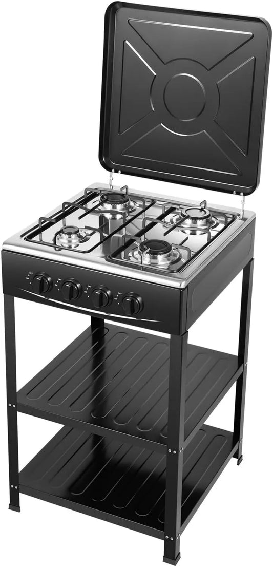 yikmid Cozinha placa de cozinha, exterior, camping, preto, fogão a gás 4 queimador, fogão a gás com pára-brisas e prateleiras de armazenamento, pés ajustáveis em