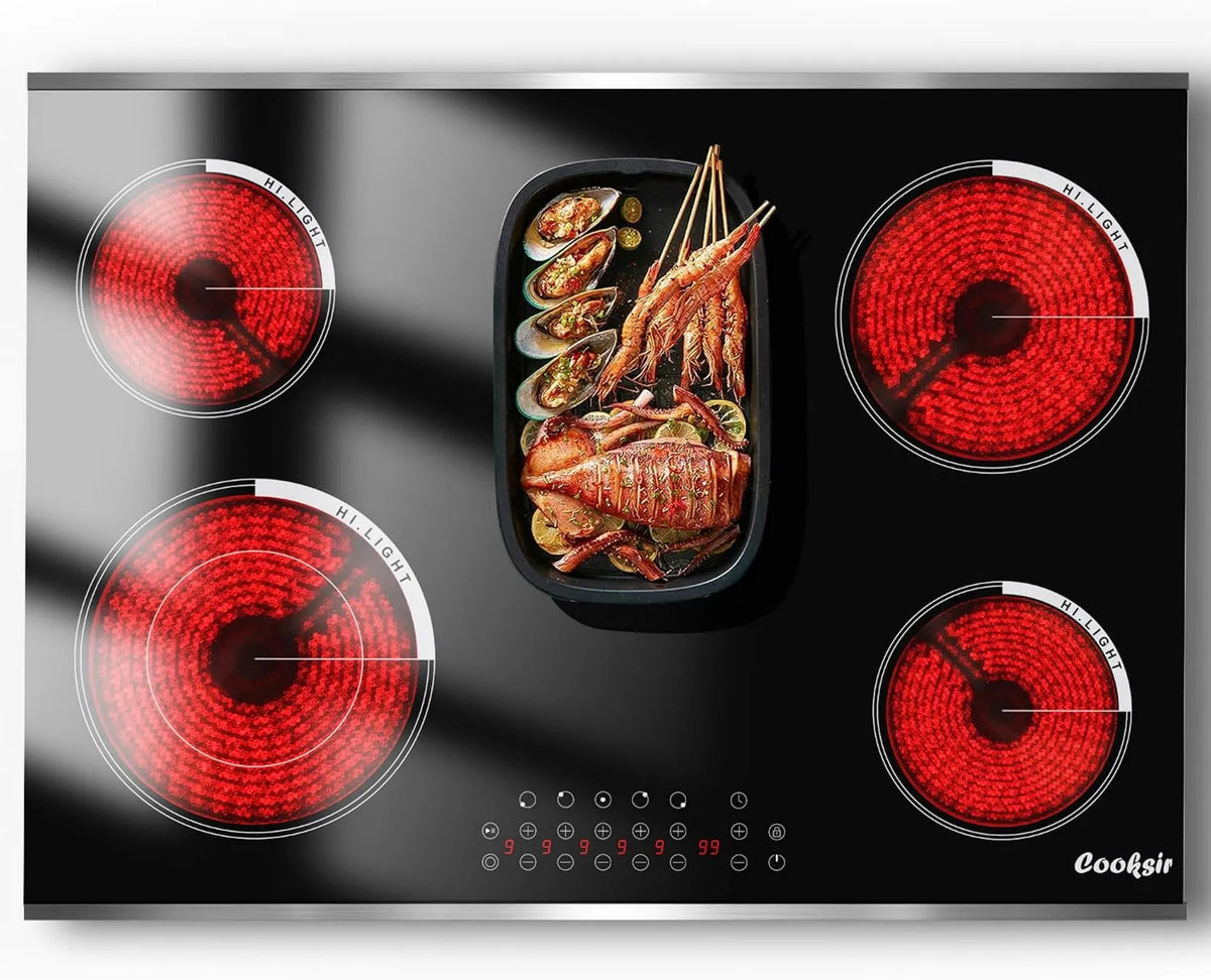 Cooksir Placa vitrocerâmica, 77CM, 5 lareiras, 8400 W, 220 V, recesso, livre, retoque, temporizador, grelha, 8400W, 220V, Pausa