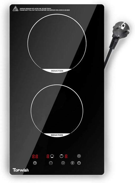 Placa de indução, 30cm, 2 lareiras, 3500W, mesa de cozinha de indução, Boost, TOPWISH Placa de indução 2 zonas, 3500W, placa elétrica