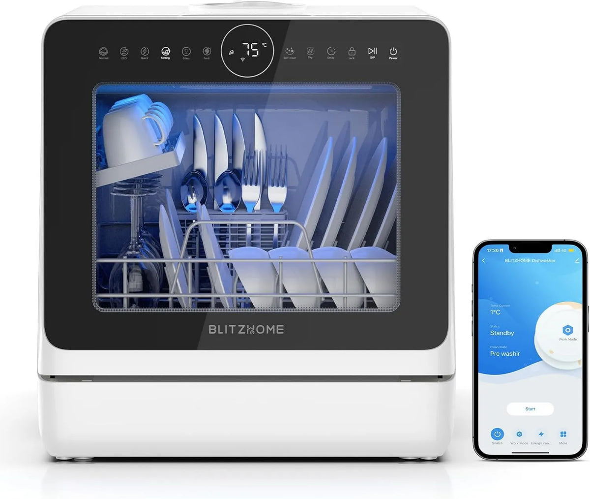 Máquina de lavar loiça, 5 L, 8 programas, portáteis, travando, tanque grande, BLITZHOME smart control app, utilizável com ou sem conexão de água