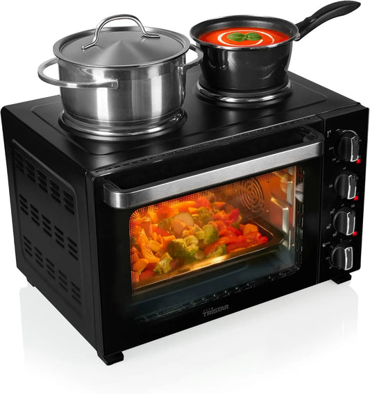 OV-3670, 35 L, 3200 W, preto, corpo de aço, forno de convecção Tristar com 2 pratos quentes, cozinha compacta mini para refeições