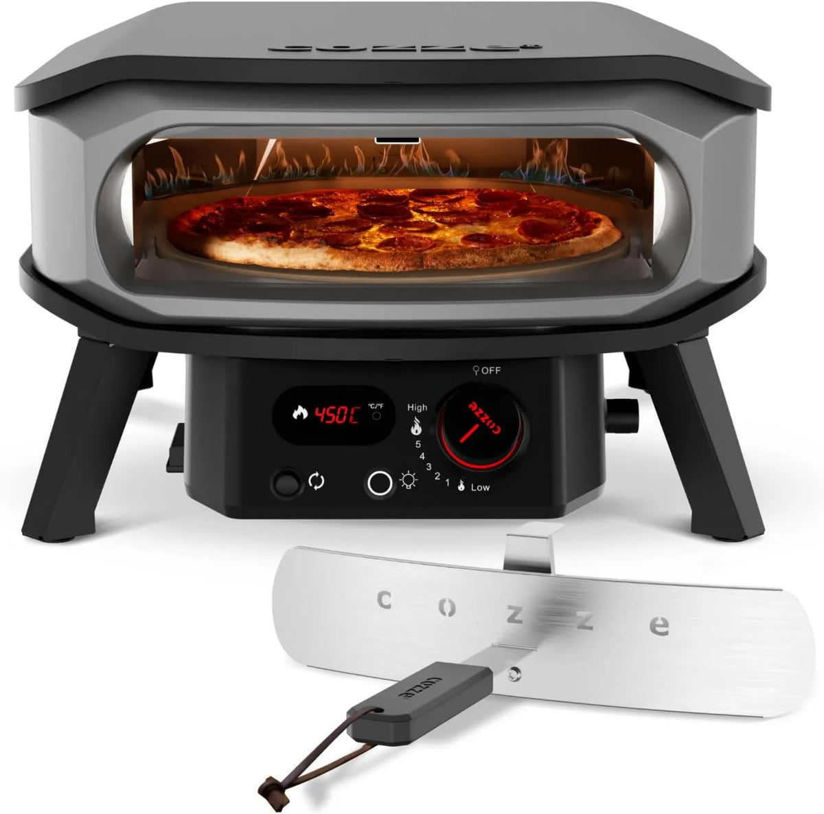 Forno de pizza elétrica 30mbar, 13 polegadas, preto, pedra de pizza incluído, forno de pizza 13' PRÉMIO ROTATE, Gas 30mbar, cozze®, Ignição automática