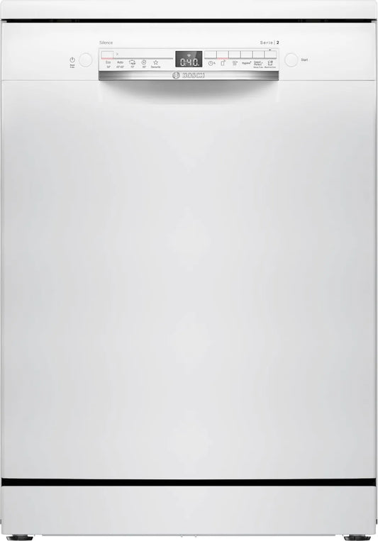 Bosch SMS2HVW03F Máquina de lavar loiça, 60 cm, silencioso, branco, Silêncio a pedido, Série 2, Free-standing, Cutlery, Cesta Rackmatic