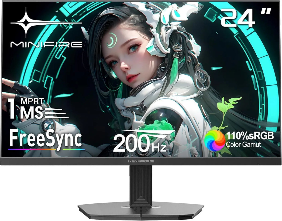 Minifire Monitor MFG24F4H, 24 polegadas, 1920 × 1080, 1 ms, 200 Hz, Full HDMI, ecrã de PC, 300 Nits, sRGB 110%, 0 & DP 1, 200Hz, 1ms, FreeSync, Ecrã sem