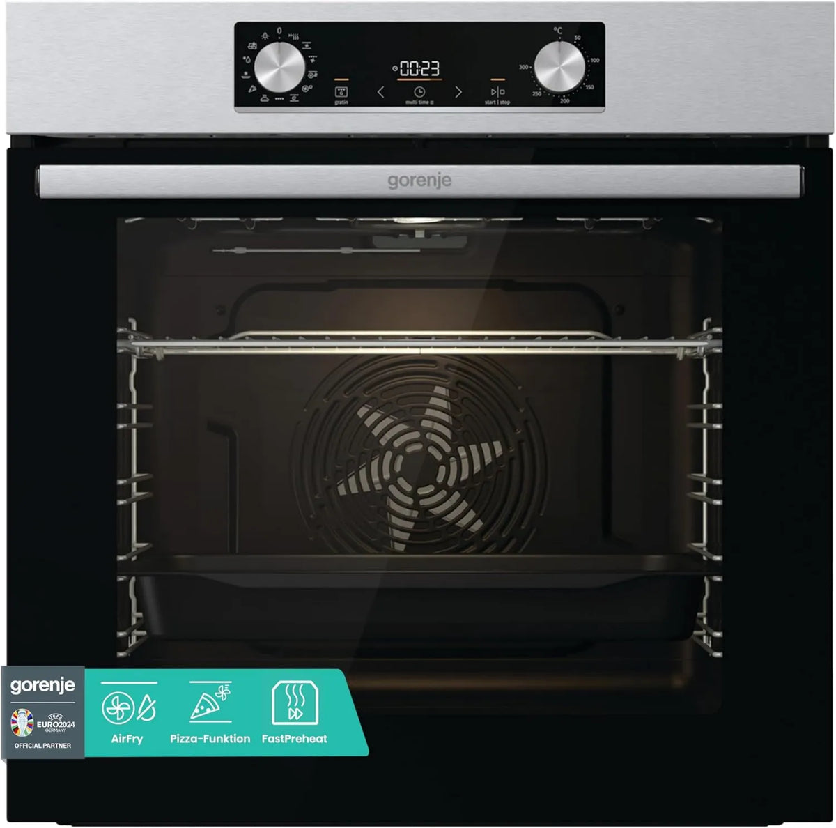 Gorenje E02x Pizza forno elétrico, 77 L, encastrado, grelha, aço inoxidável, PerfectGrill, Pizzamode 300 °C, ExtraSteam, AquaClean, Ar quente