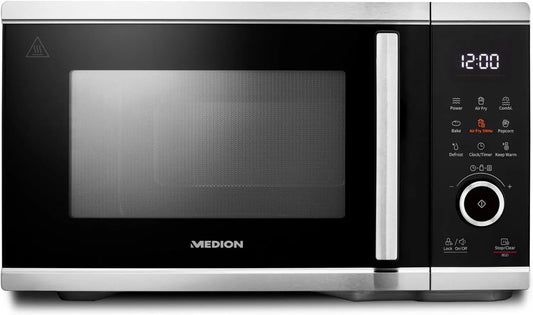 MEDION Secador de ar quente MD11499, 25 L, 900/1500 W, 10 programas, descongelamento, preto, 10 níveis de potência, Microondas com fritadeira de ar