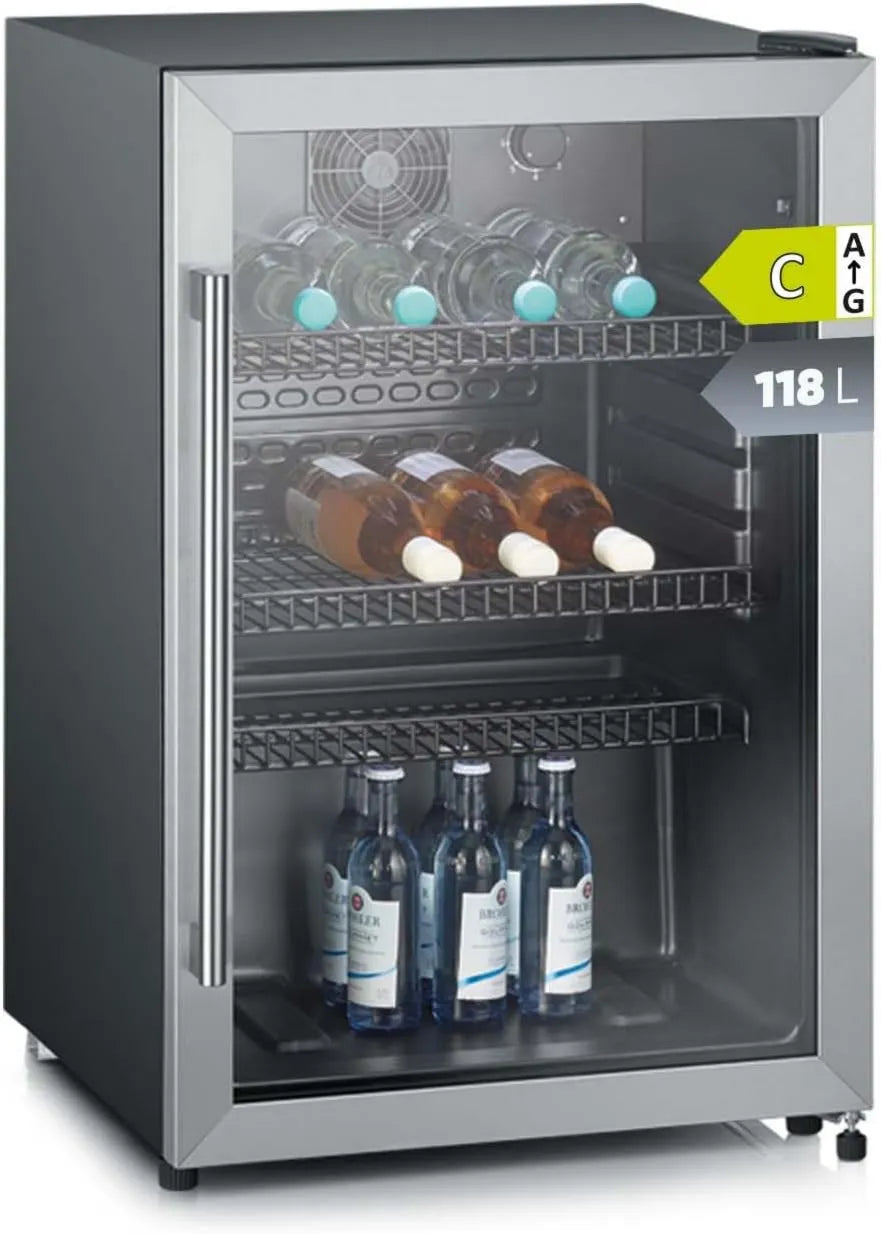 Frigorífico de Severin, 118 L, 56 garrafas, classe energética C, de aço inoxidável, minibar, Comprimento 55cm, 118L, contém até 56
