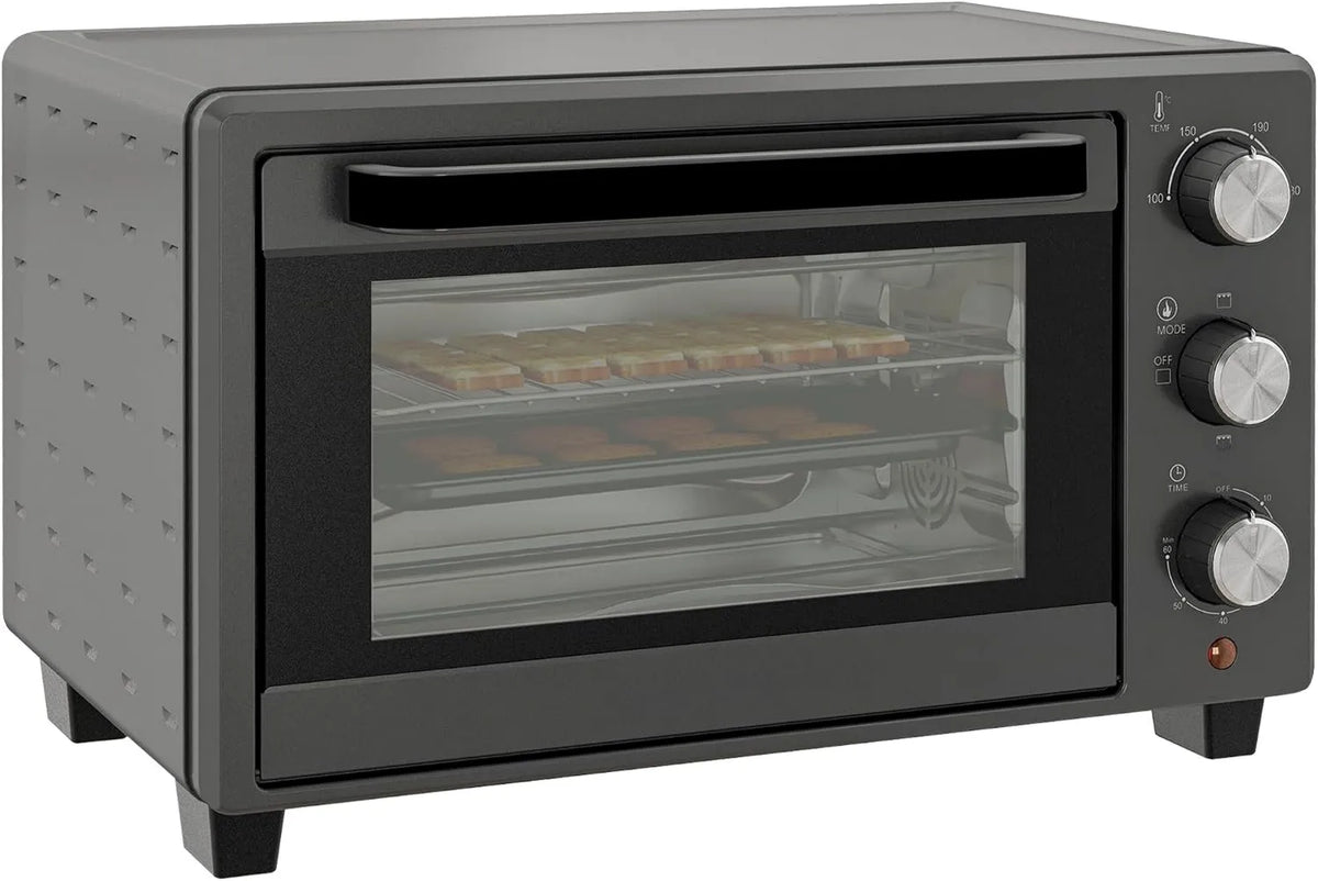 HOMCOM Forno de pizza elétrica, 21 L, 1400 W, 100 a 230 °C, grelha, compacto, cinza, grelha, Incl. pick-up, placa de assadeira, mini forno