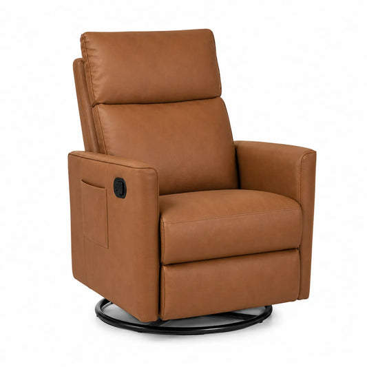 Sillón reclinable giratorio de cuero sintético marrón con estructura metálica