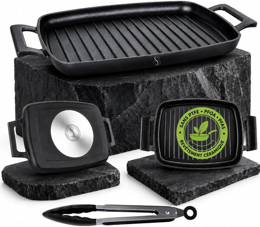 Stone&Stone Forno elétrico, 47 cm, grelha, fundo de aço completo, revestimento cerâmico alemão, gás e forno compatível, livre de PFAS, PFOA e PTFE-free
