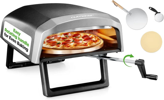 NutriChef Forno de pizza elétrica, 30, 5 cm, portátil, exterior, grelha, aço inoxidável, 360° pedra de pizza rotativa, máquina de pizza de aquecimento rápido