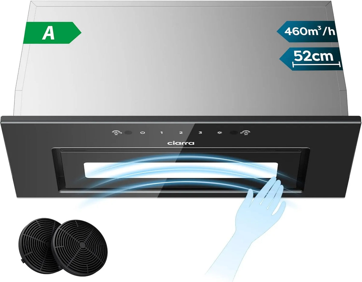 CIARRA CBCB5931B CBCF055 exaustor, 52cm, 469m3/h, classe energética A, capa de cozinha, evacuação e reciclagem, 3 velocidades, encastrado