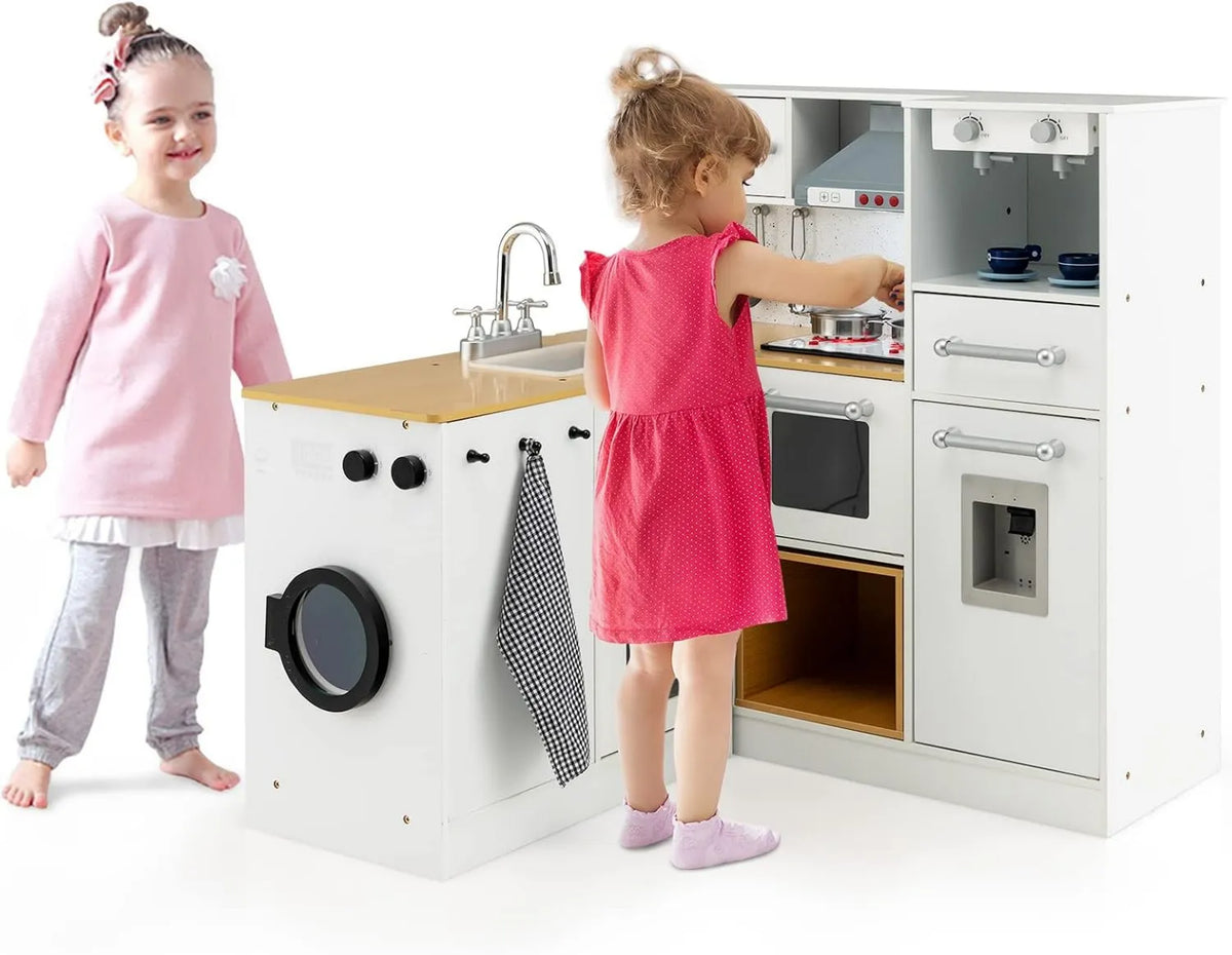 Máquina de lavar roupa, branco, GOPLUS grande cozinha criança 2 peças, Dinette com efeitos luminosos e Sonores para meninas meninos 3+ anos, máquina de gelo