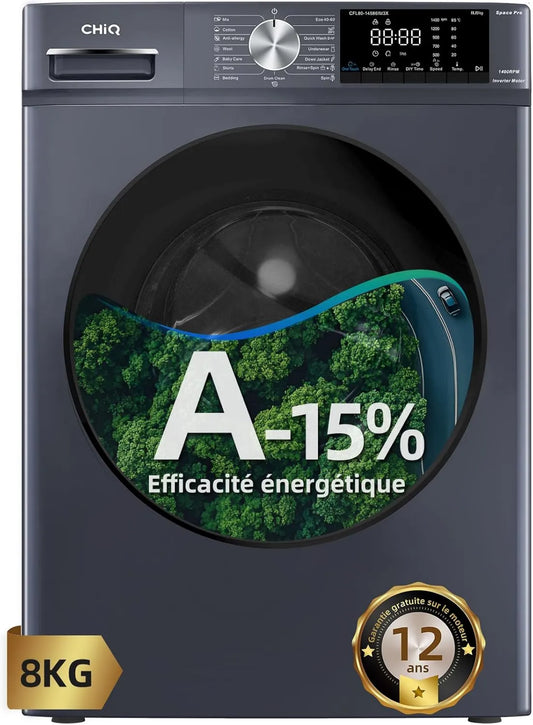 Máquina de lavar roupa CFL80-14586IM3xA, 8 kg, 76 dB, classe energética A, toque, inversor, vapor, cinza, 1400 T, min, 520mm, máquina de lavar roupa CHiQ 8kg com classe