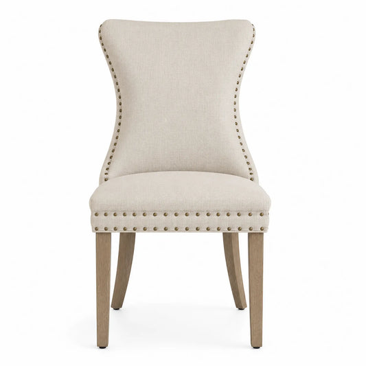 Silla de comedor tapizada en poliéster beige con patas de madera