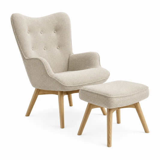 Sillón con reposapiés de tela boucle beige y patas de madera de roble