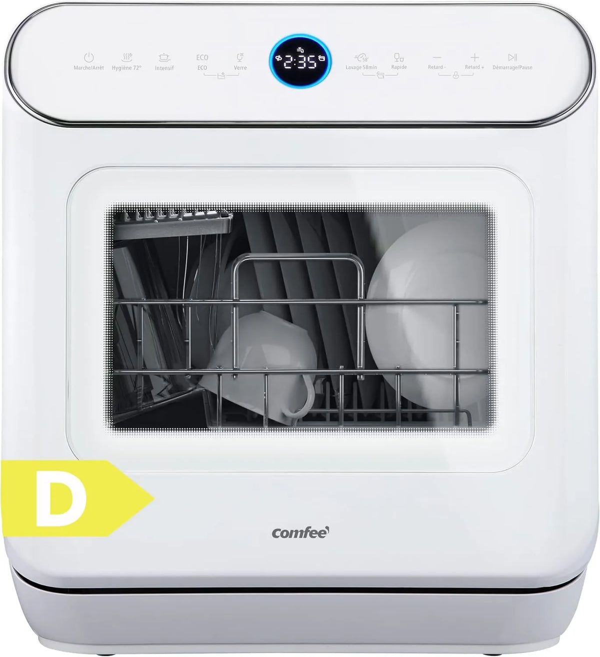 Máquina de lavar loiça, 7 programas, CDWMT305WD Comfee' 24h, higiene, toque, branco, 72°C Higiene de lavagem, ecrã LED, 3 talheres, 24h
