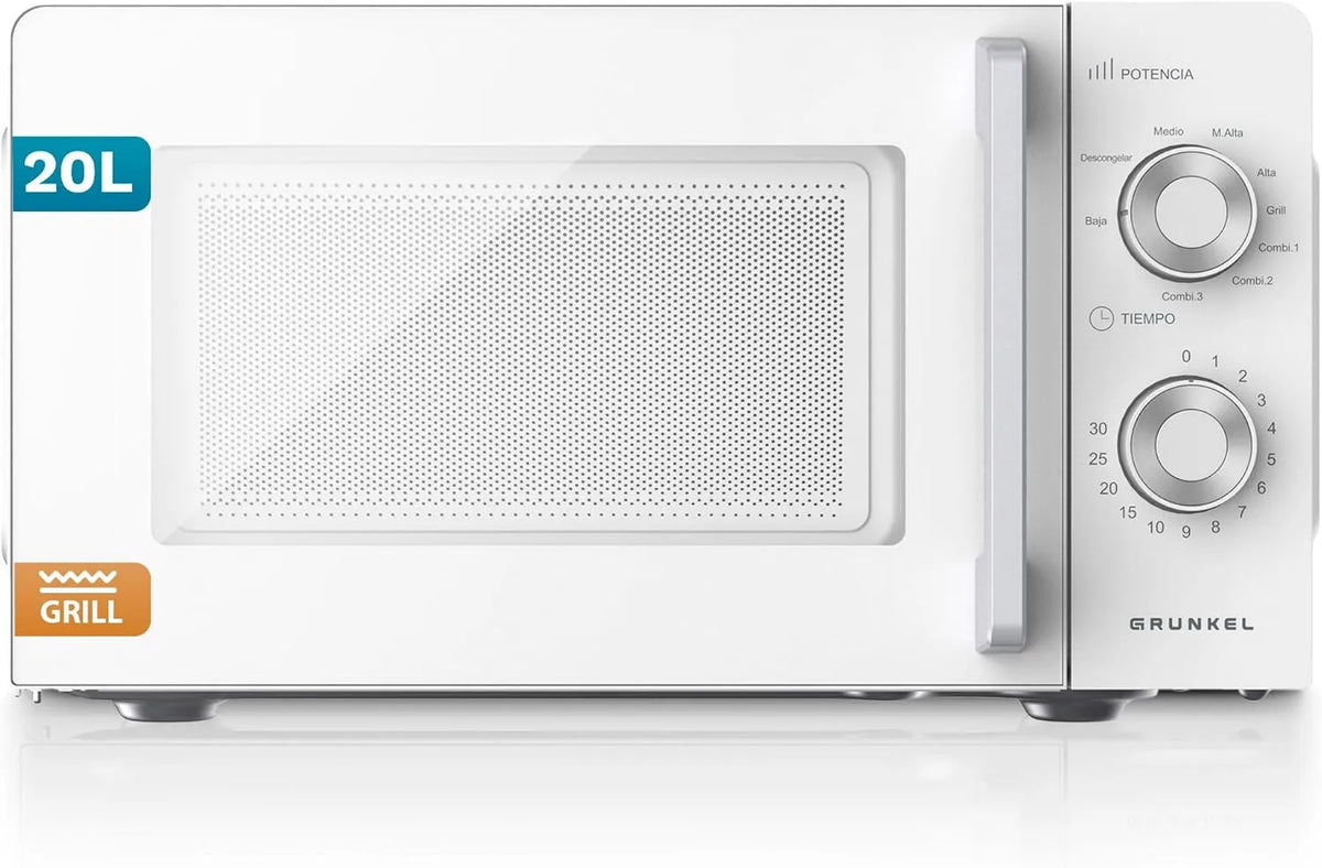 Grunkel Microondas, 20 L, 700/900 W, temporizador, grelha, abertura com alça e bandeja Ø245 mm, 3 modos combinados, 30 min temporizador