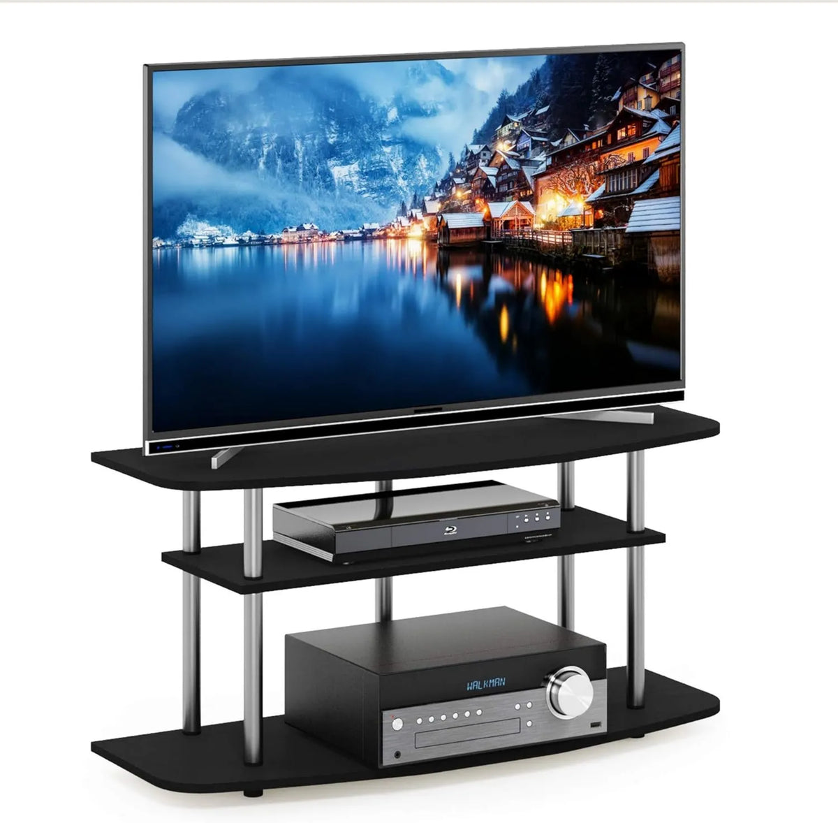 Furinno suporte de TV, 46 polegadas, 3 níveis, decoração da sala, aço inoxidável, preto, console de TV, madeira concebida, Oak preto, Centro de entretenimento