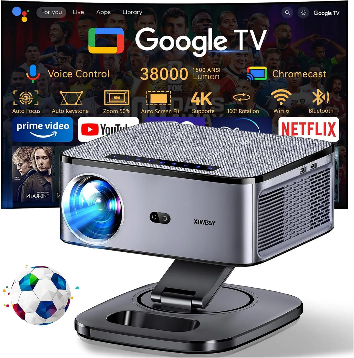 xIWBSY Google WiFi6 Smart TV, TV, 4K UHD, Wi-Fi, Bluetooth, Full HD, 4K Video Projector Vocal Control, 38000 Lumen FHD, 360° Rotação, Auto Focus