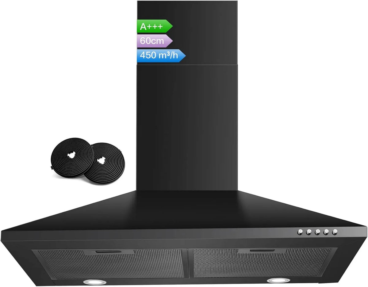 SNDOAS exaustor, 60cm, 450m3/h, capa de cozinha, evacuação e reciclagem, iluminação LED, 3 velocidades, instalação de parede, silencioso, preto, 450m3