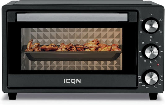ICQN Forno elétrico, 20 L, 1500 W, 5 programas, timer, grelha, compacto, preto, menor com função de calor rotativa