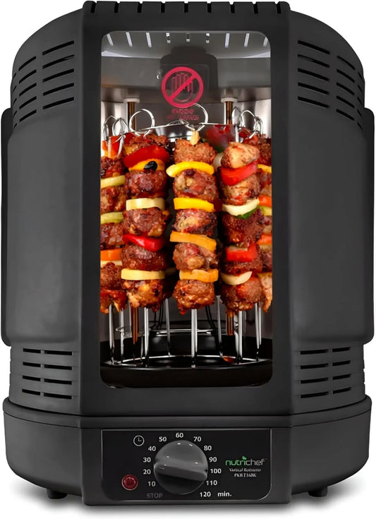 NutriChef Forno elétrico, grelha, preto, frigorifico elétrico com broche Rotary, Mini-Quatro com calor Turnável, Frango, Carne, Döner, Acessórios incluídos