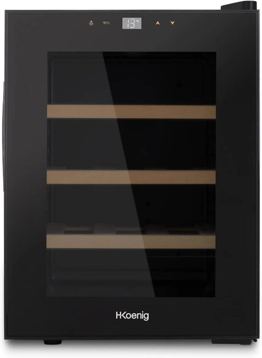 H.Koenig adega elétrica IDADE12, 31 L, 12 garrafas, 11 a 18 °C, profissional, silencioso, aço inoxidável, preto, silencioso, 3 prateleiras, Refrigerante