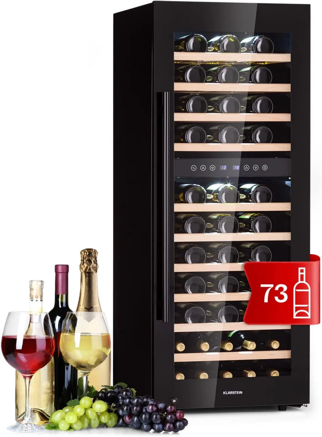KLARSTEIN adega elétrica, 73 garrafas, 5 a 18 °C, toque, Frigorífico Bar, proteção UV, Frigorífico com porta de vidro