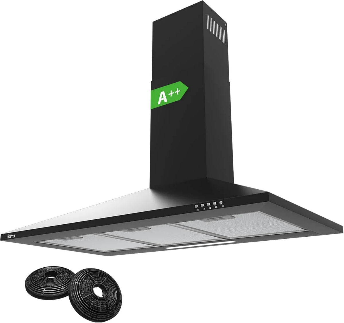 CIARRA CBCB9201 CBCF002x2 exaustor, 90 cm, 406 m3/h, 60 dB, classe energética A, capa de cozinha, evacuação e reciclagem, 3 velocidades, preto