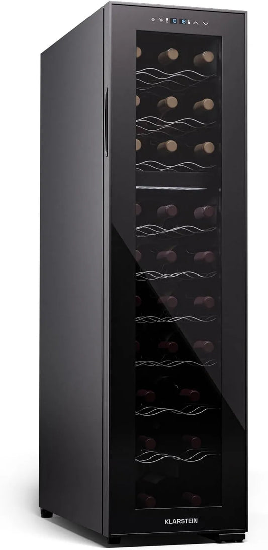 KLARSTEIN adega elétrica, 27 garrafas, 2 lareiras, 5 a 18 °C, vidro, estreito, instalação livre, silencioso, aço inoxidável, preto, moldura de aço inoxidável, LED