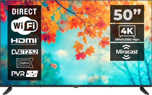 KIANO Smart TV Elegance, 50 polegadas, 3840 × 2160, TV, 4K UHD, HDR, sintonizador triplo DVB-T2, S2, HDMI, USB, Wi-Fi, Bluetooth, Android OS, VESA 200×300