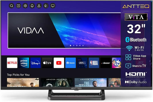 Smart TV, 32 polegadas, TV, Antteq V32-AH3Q1L-BT, sintonizador triplo DVB-T2, S2, HDMI, Wi-Fi, Bluetooth, DVB-S2, Store APP 2025, 80 cm, DAZN, WiFi