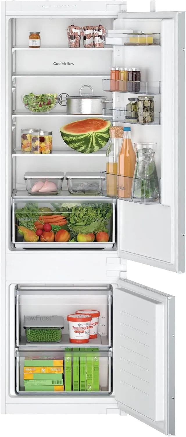 Bosch KIV87NSE0 Frigorífico combinado, 200 L, 177,2 x 54,1 cm, 35 dB, classe energética B, encastrado, frigorífico com congelador, Série 2, 30-35 dB
