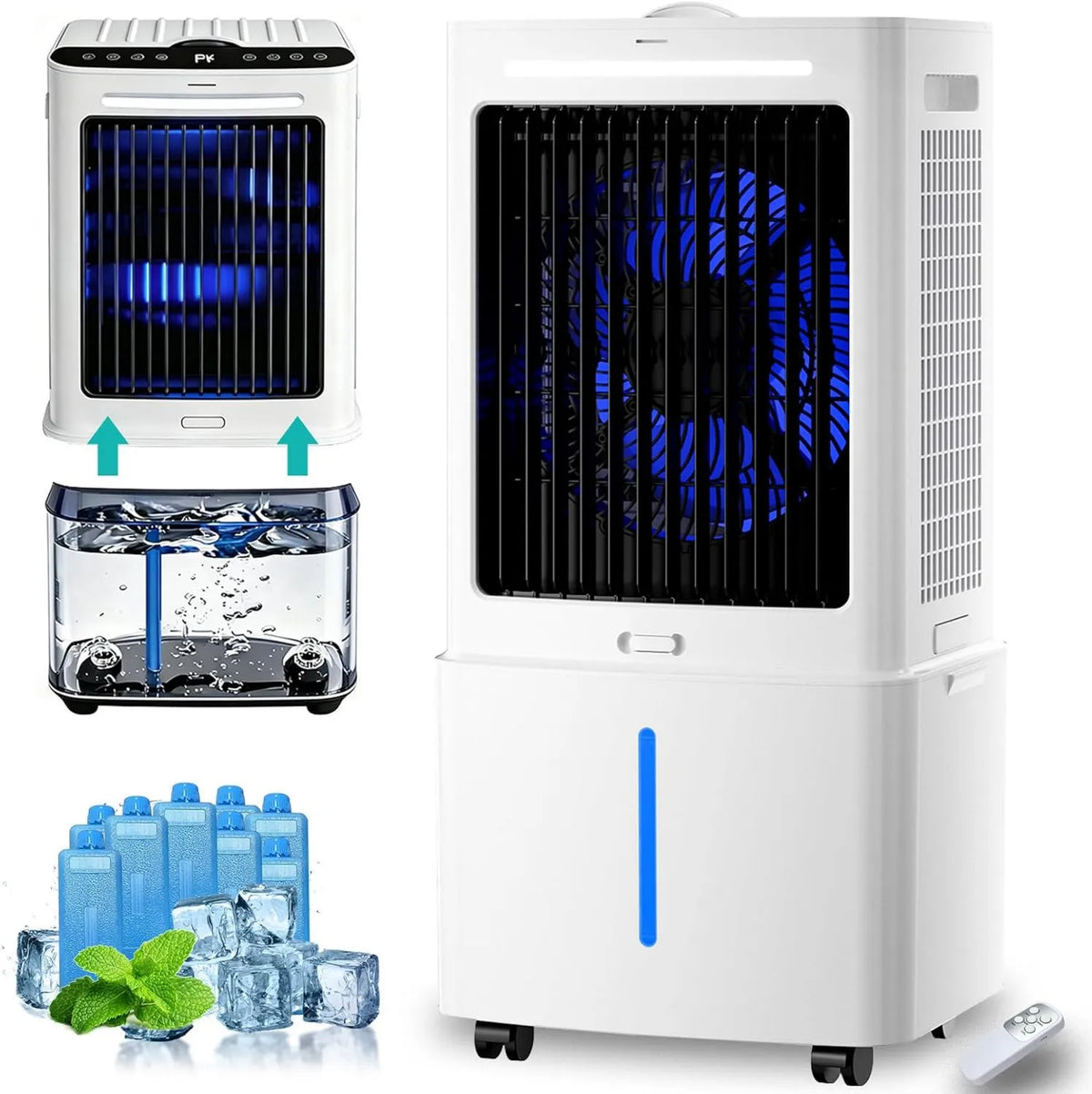 AnYaBinni Ar condicionado 3-em-1 12H, 30 L, 3000 m3/h, portátil, toque, temporizador, Ventilador e umidificador com chaves de alívio, 2 Pães de Gelo
