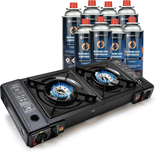 EUROCATCH Cozinha placa de cozinha, toque, camping, 8 cartuchos de gás Butano, Gas fogão 2 lareiras
