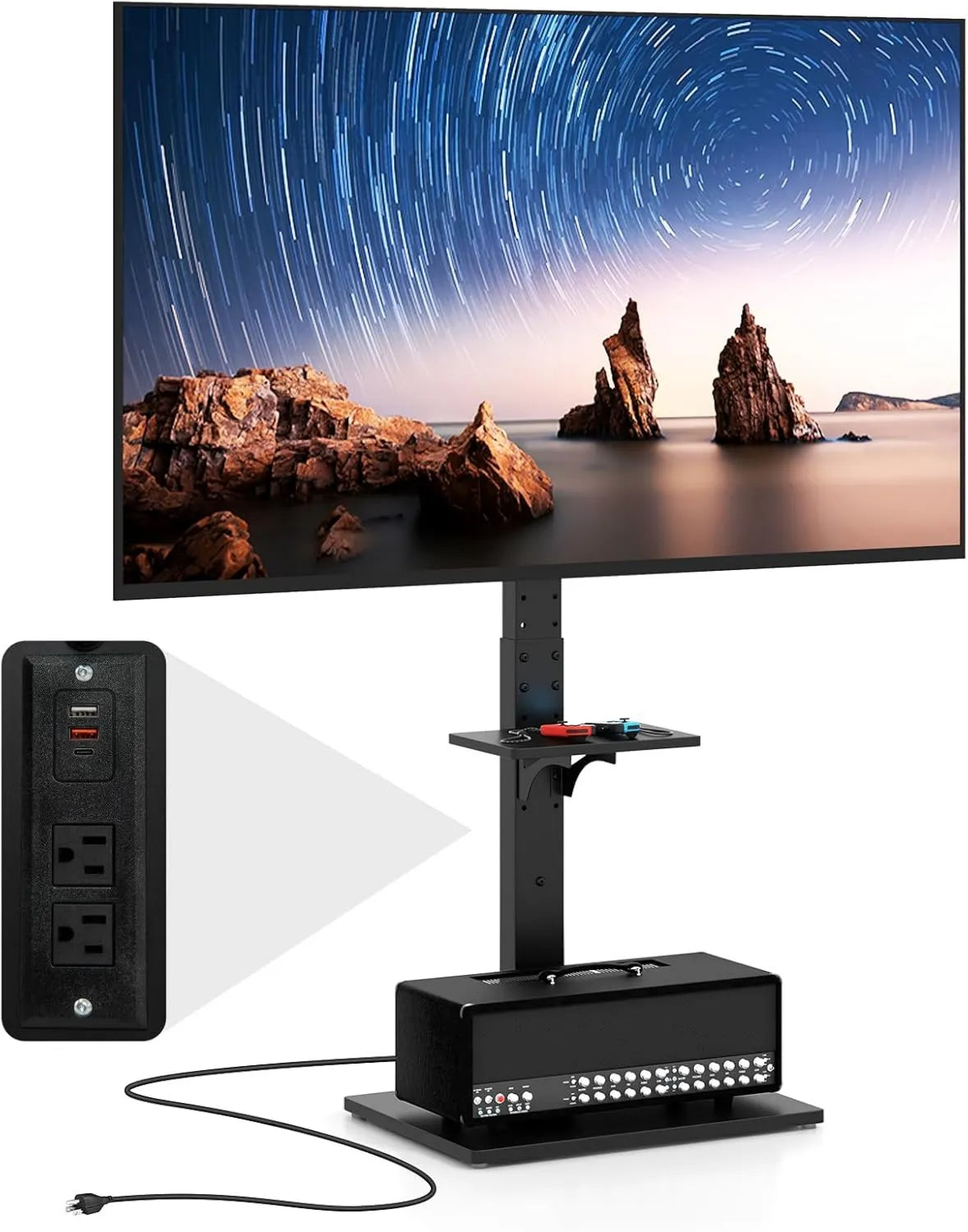 suporte de TV, 70 polegadas, 600 x 400 mm, preto, mesa AV ajustável, VESA Max, COSTWAY TV stand a pé com tomada, ângulo inclinável, altura ajustável