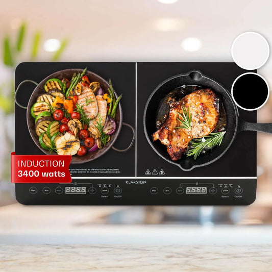 KLARSTEIN Induction Plate, 2 lareiras, 3400 W, mesa de cozinha indução, toque, portátil, 2 zonas, Klarstein 3400W, poderoso, calor