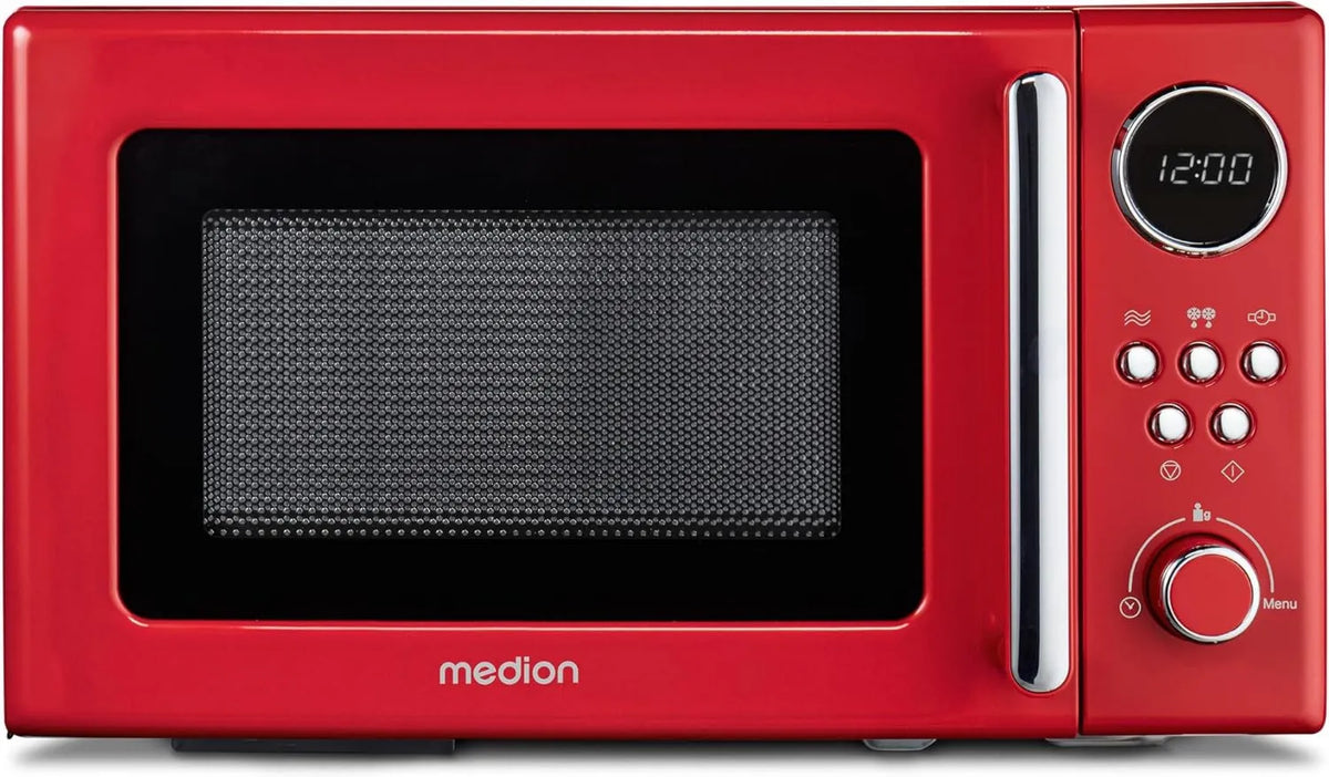 MEDION Microondas, 20 L, descongelamento, vermelho, 800 watts, 20 litros, ecrã digital, compacto